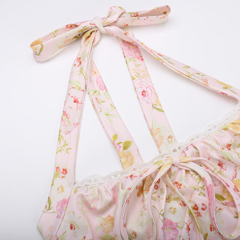 Pink Halter Neck Floral Print Fit & Flare Midi Dress
