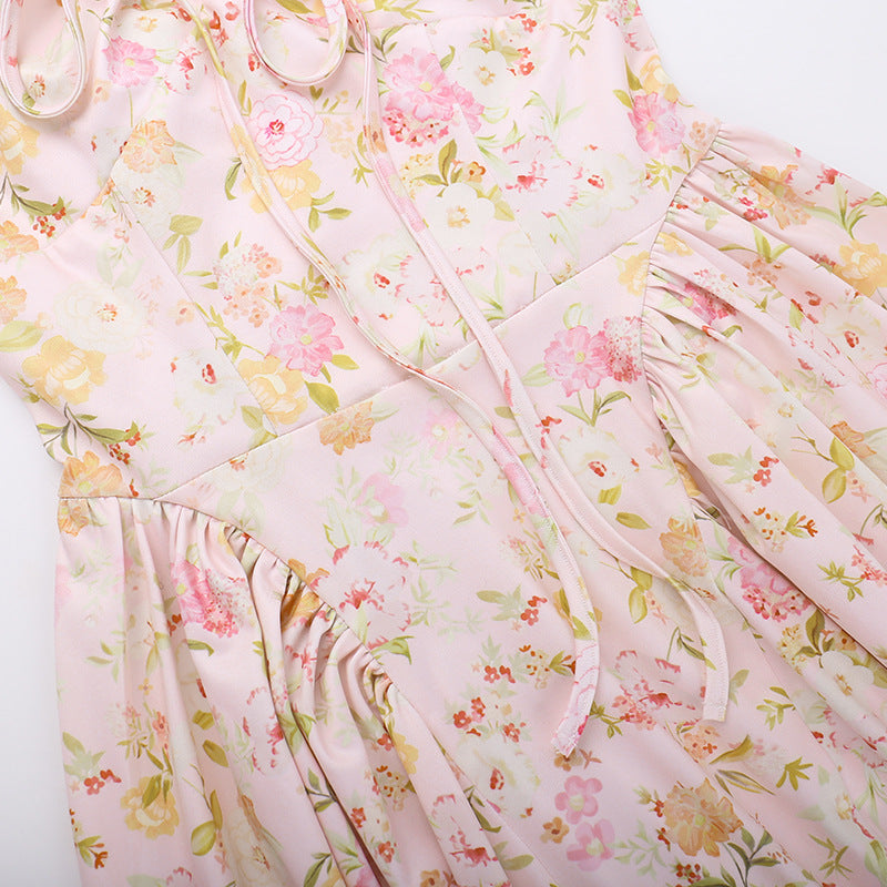Pink Halter Neck Floral Print Fit & Flare Midi Dress