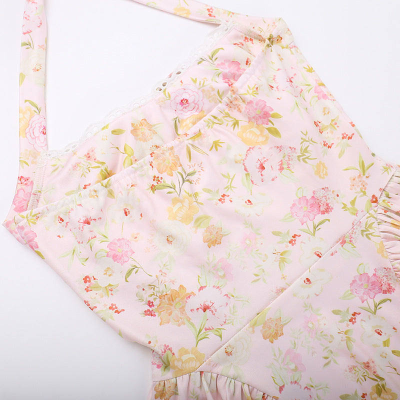 Pink Halter Neck Floral Print Fit & Flare Midi Dress