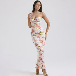 Floral Printed Shoulder Straps Bodycon Maxi Dress