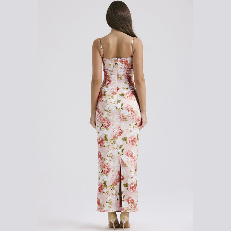 Floral Printed Shoulder Straps Bodycon Maxi Dress