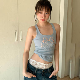 Print Bow Embroidered Tank Top