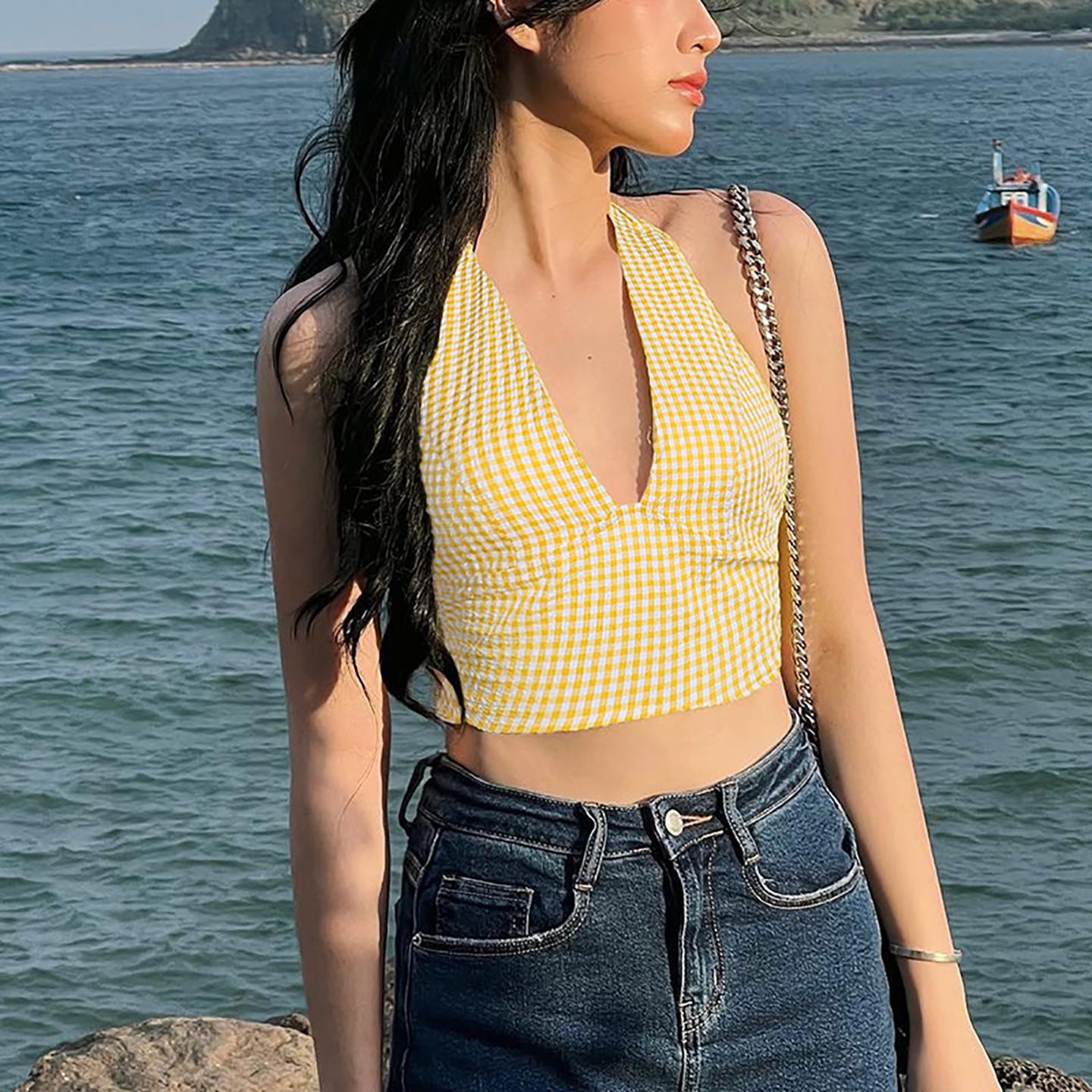 Women Yellow Checked Halter Neck Crop Top