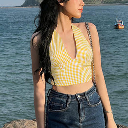 Women Yellow Checked Halter Neck Crop Top