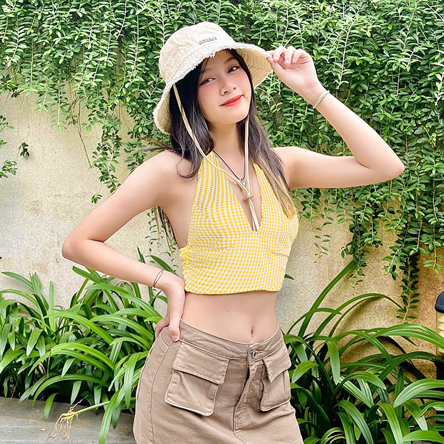 Women Yellow Checked Halter Neck Crop Top
