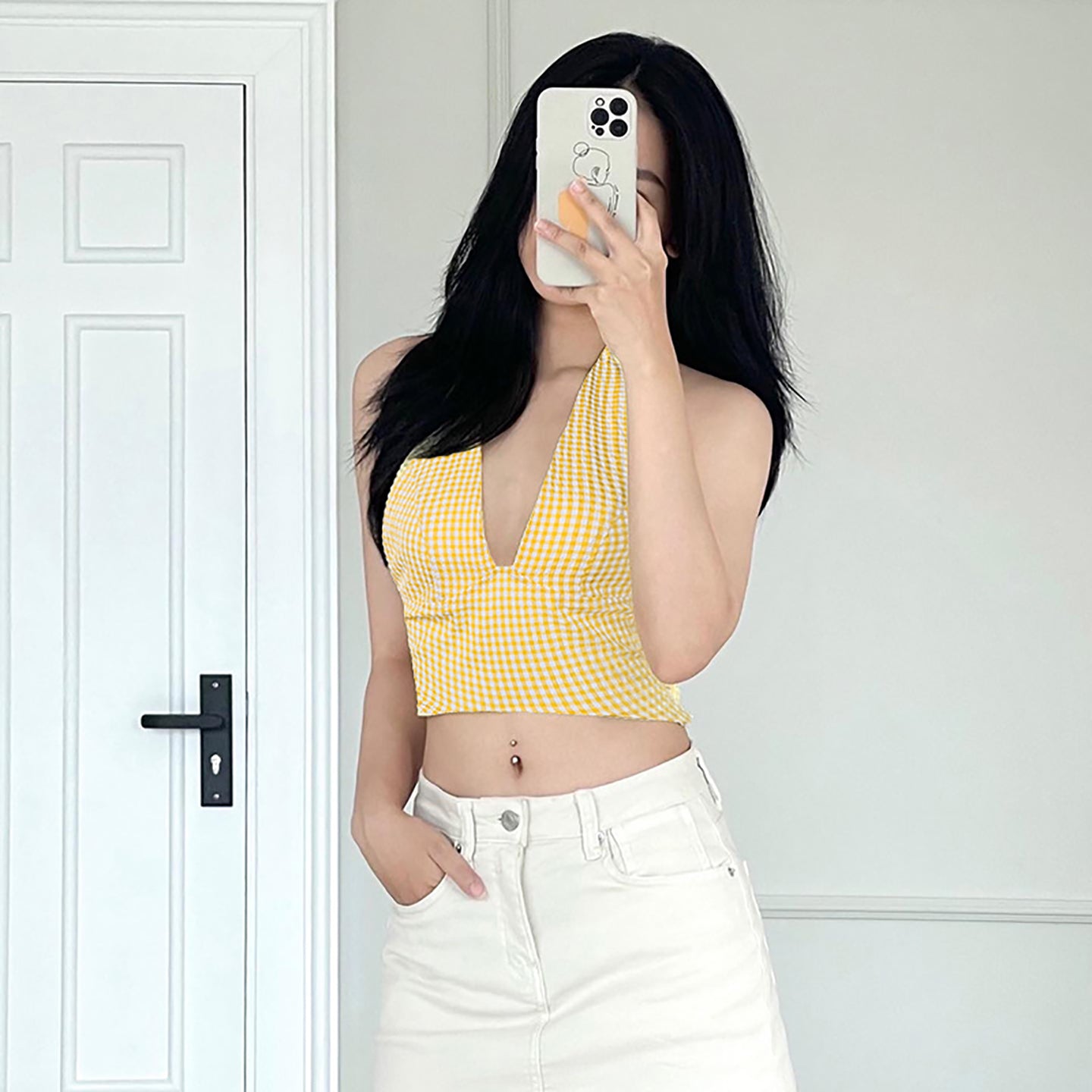 Women Yellow Checked Halter Neck Crop Top