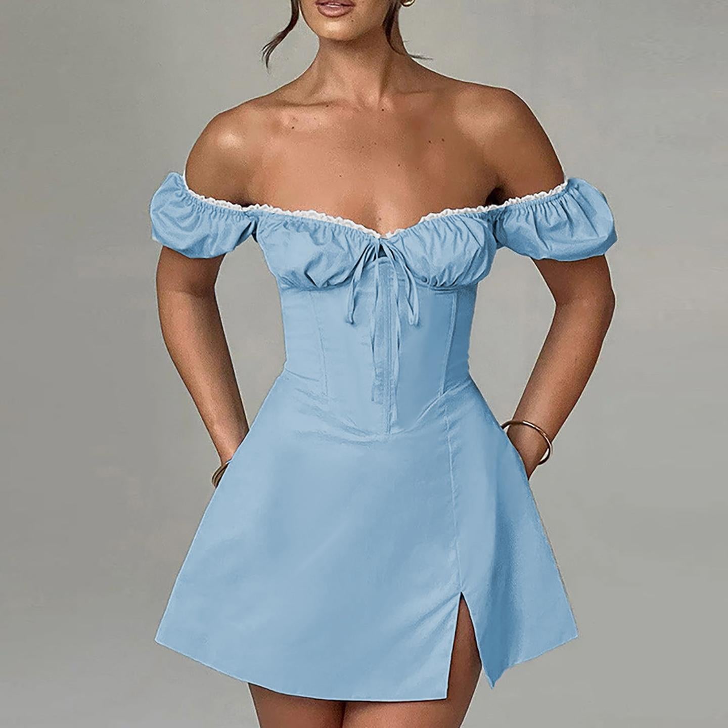 Off-Shoulder Puff Sleeve A-Line Dress