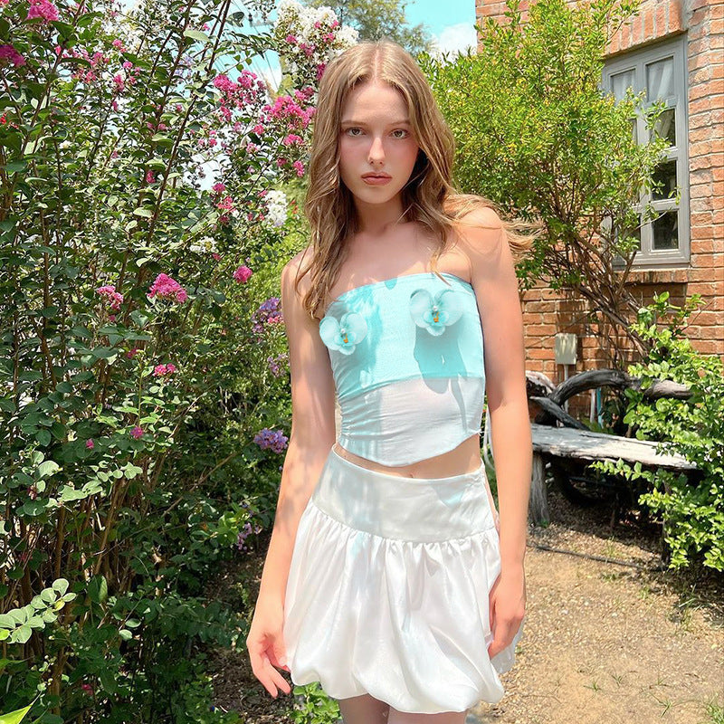 Women Self Design Floral Crepe Tube Crop Top