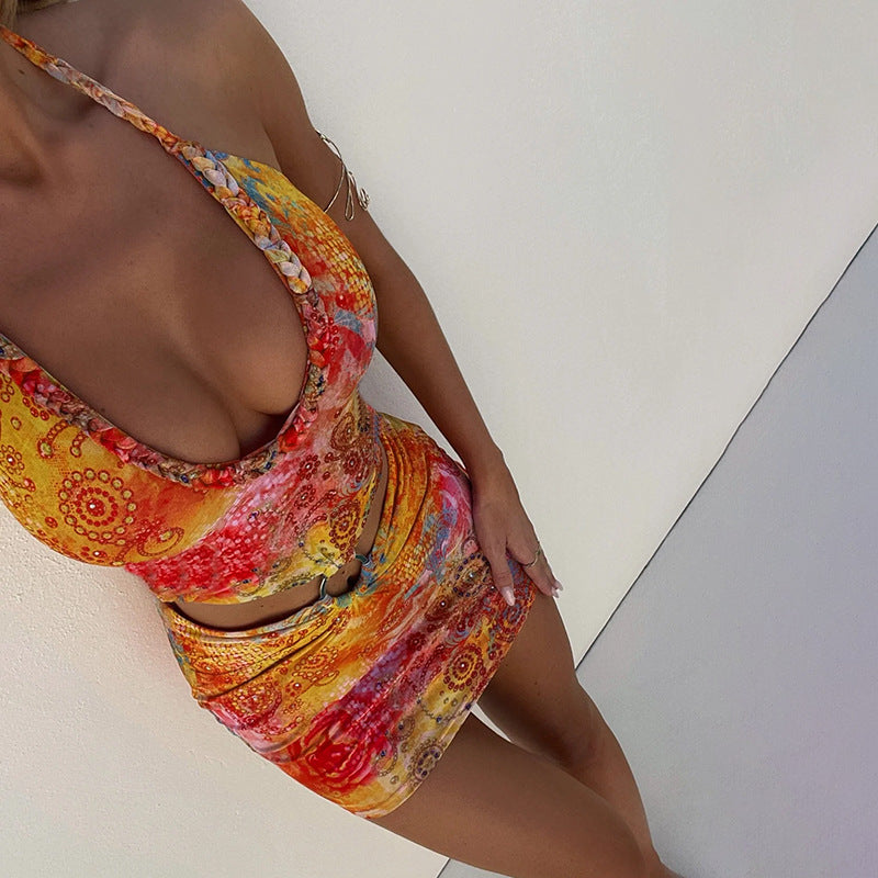 Women Ethnic Motifs Print Halter Neck Bodycon Mini Dress