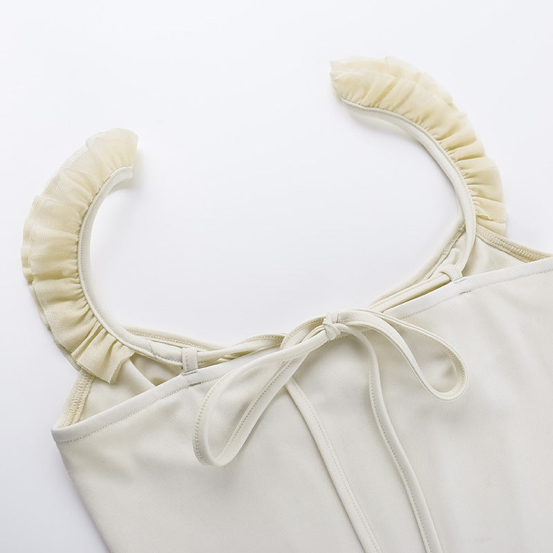 Beige Self Design Net Corset Top