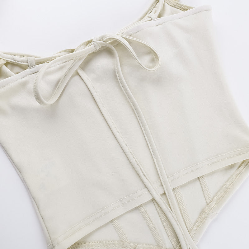 Beige Self Design Net Corset Top