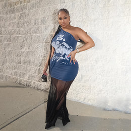 Graphic Printed One Shoulder Lace Inserts Detail Bodycon Maxi Dress