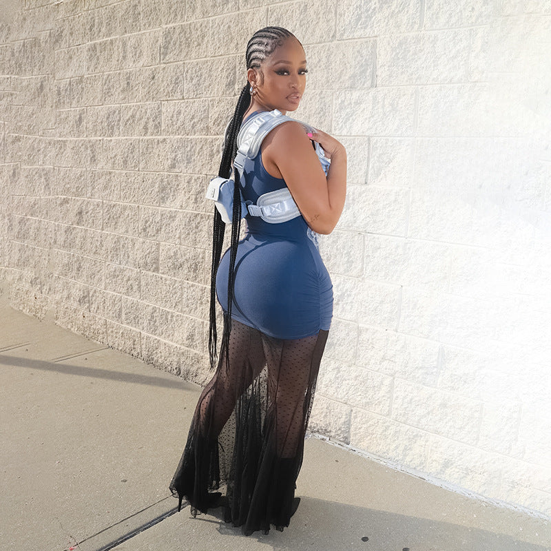 Graphic Printed One Shoulder Lace Inserts Detail Bodycon Maxi Dress