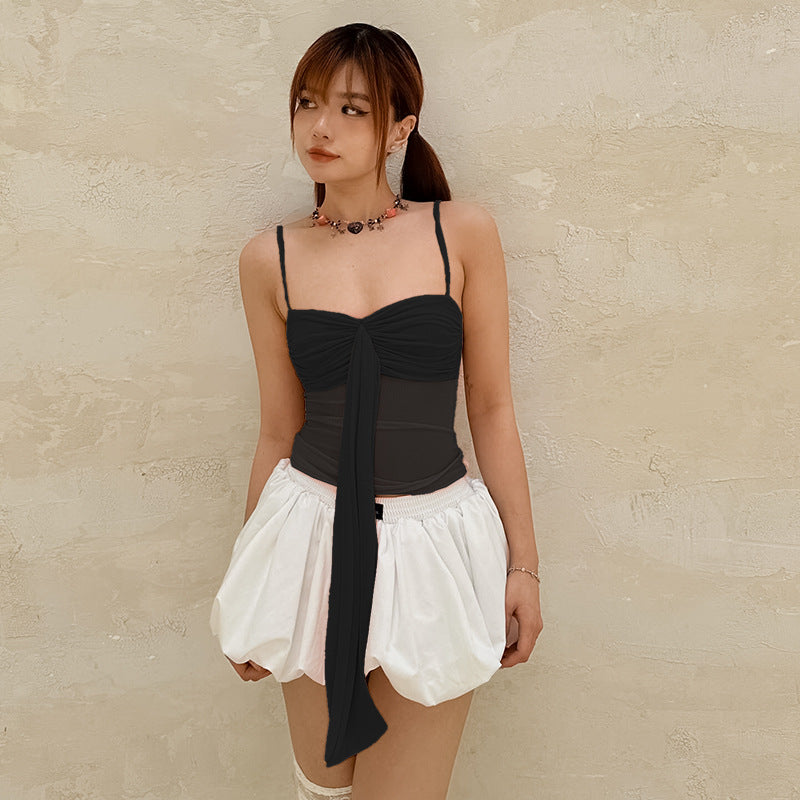 Black Shoulder Straps Semi Sheer Fitted Top