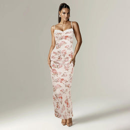 Floral Printed Shoulder Straps Bodycon Maxi Dress
