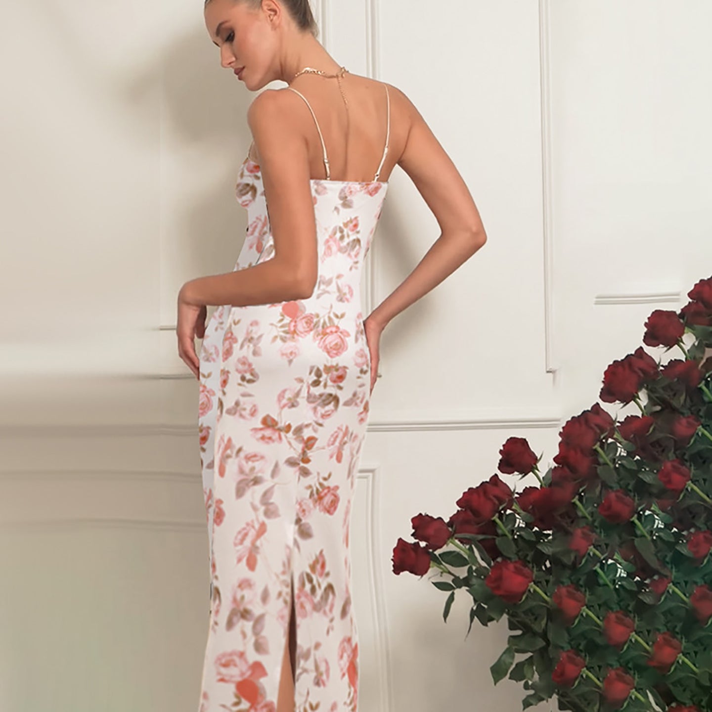 Floral Printed Shoulder Straps Bodycon Maxi Dress
