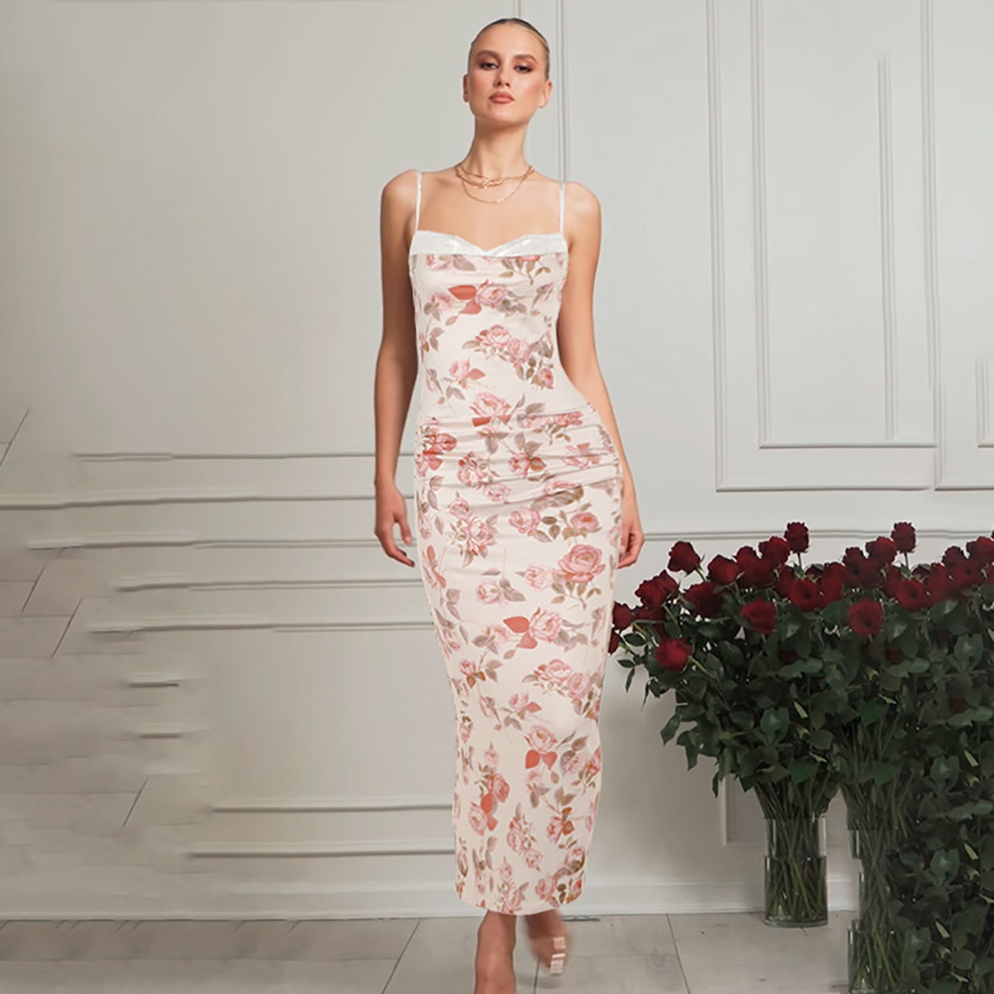 Floral Printed Shoulder Straps Bodycon Maxi Dress