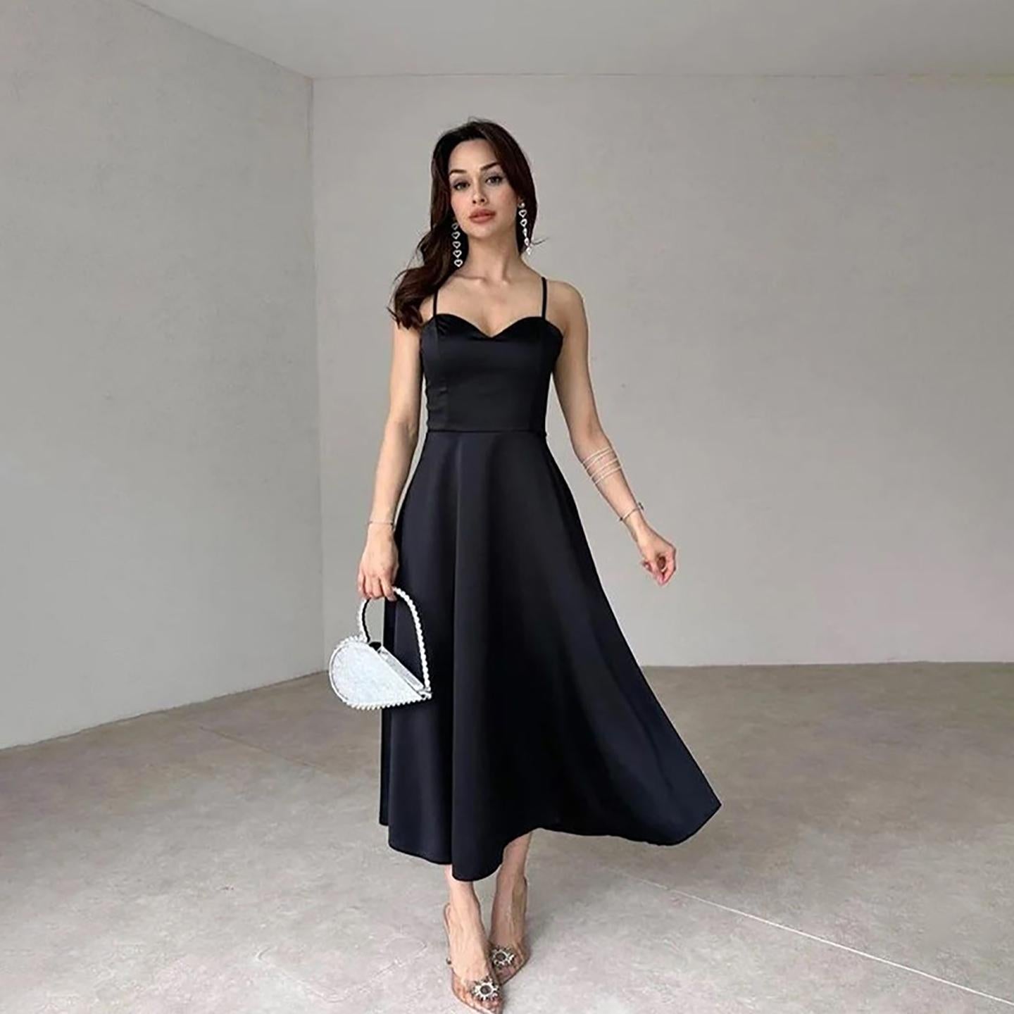 Fit & Flare Solid Shoulder Straps Maxi Dress