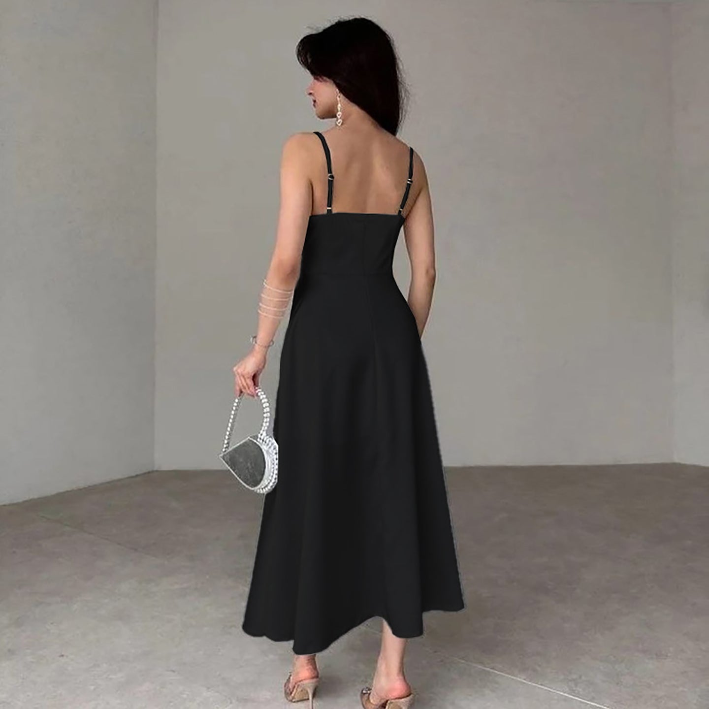 Fit & Flare Solid Shoulder Straps Maxi Dress