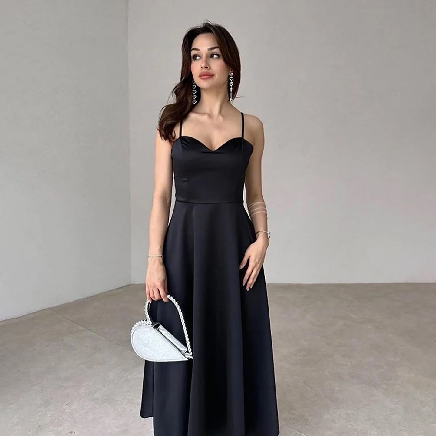 Fit & Flare Solid Shoulder Straps Maxi Dress