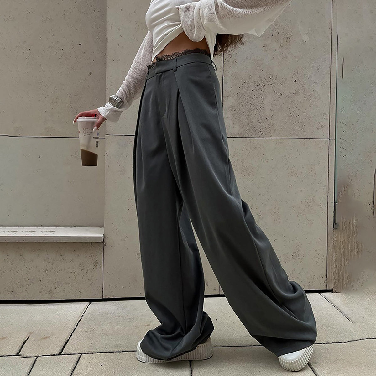 Women Loose Fit Easy Wash Pleated Trousers