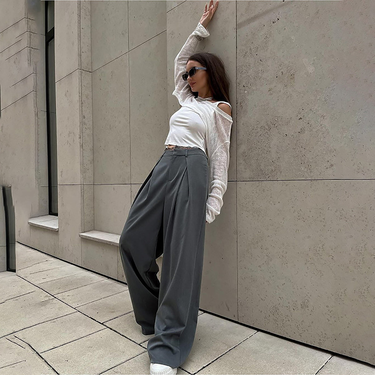 Women Loose Fit Easy Wash Pleated Trousers