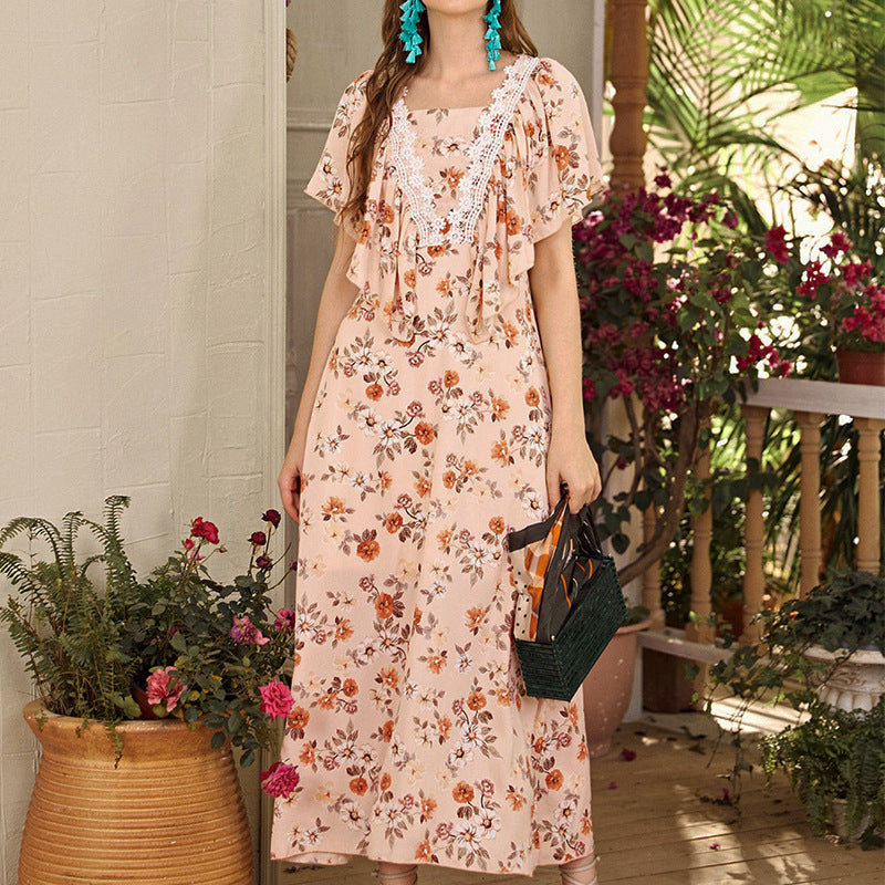 Square Neck Floral Printed Ruffles Maxi Dress