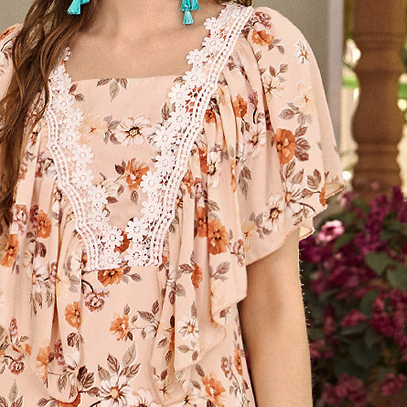 Square Neck Floral Printed Ruffles Maxi Dress