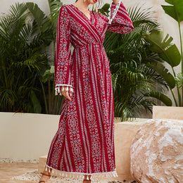 V-Neck Ethnic Motifs Maxi Wrap Dress