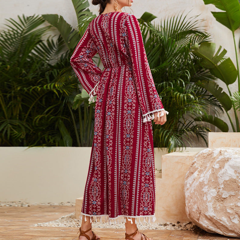 V-Neck Ethnic Motifs Maxi Wrap Dress