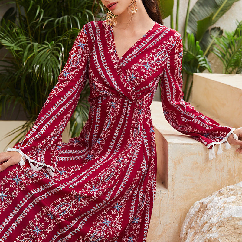 V-Neck Ethnic Motifs Maxi Wrap Dress