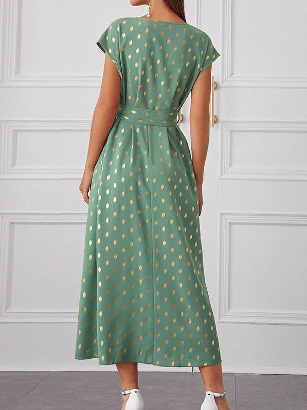 Green & Gold Polka Dots Fit & Flare Midi Dress