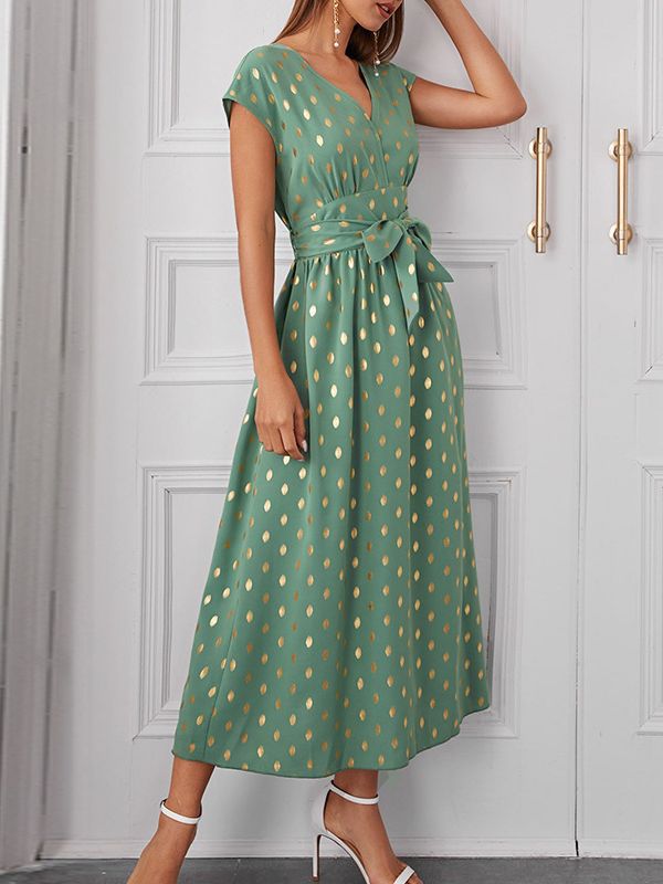 Green & Gold Polka Dots Fit & Flare Midi Dress