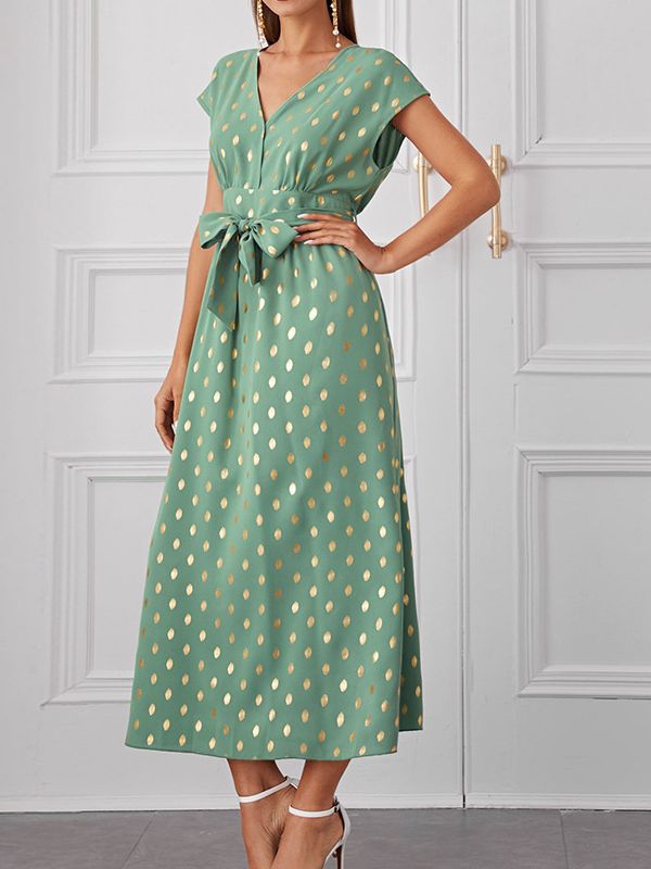 Green & Gold Polka Dots Fit & Flare Midi Dress