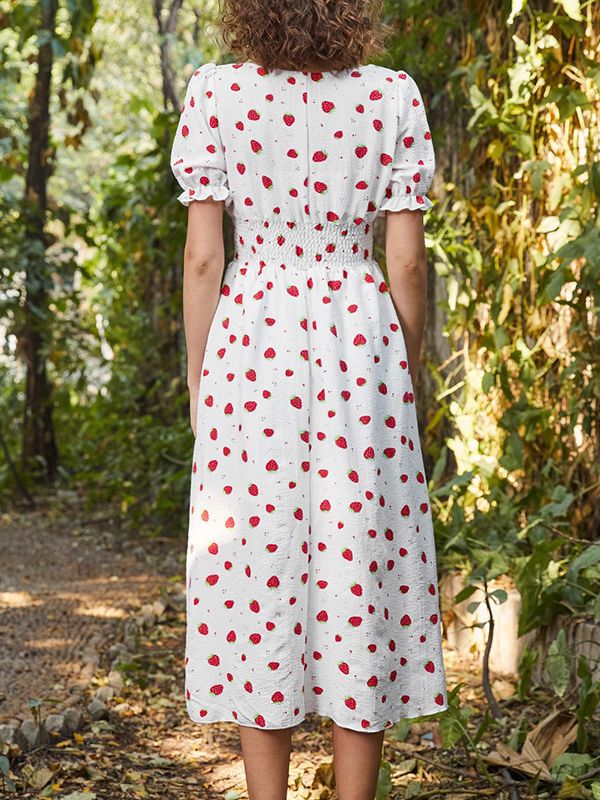 Strawberry Print Fit & Flare Midi Dress
