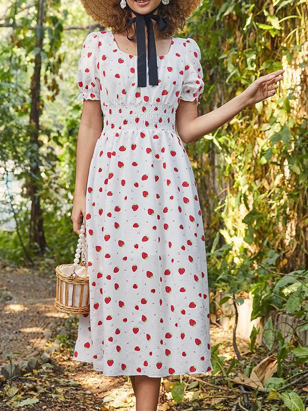 Strawberry Print Fit & Flare Midi Dress