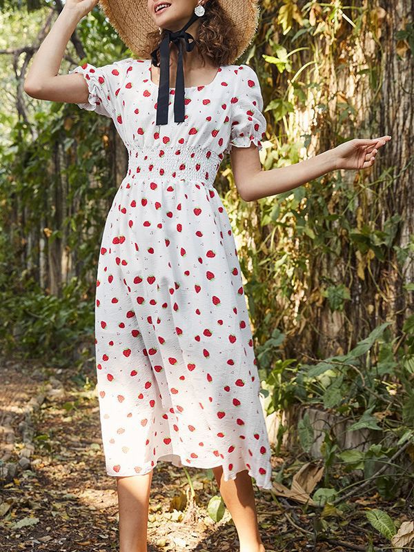 Strawberry Print Fit & Flare Midi Dress
