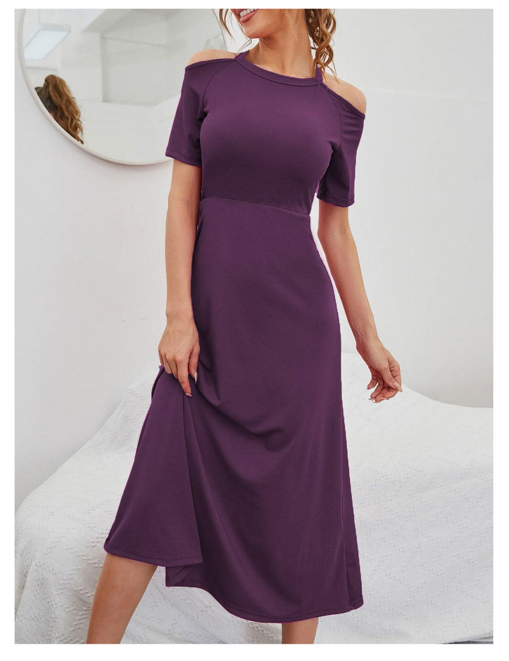 Round Neck Cold-Shoulder Sleeves Fit & Flare Midi Dress
