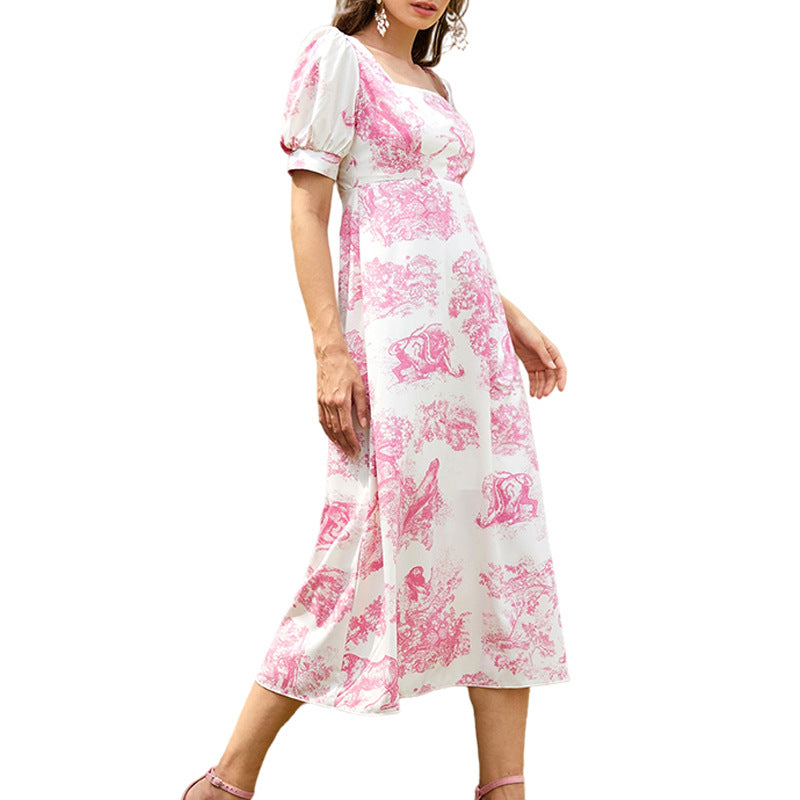 Pink Floral Print A-Line Midi Dress