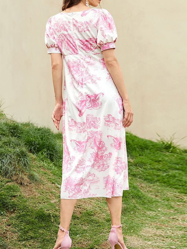 Pink Floral Print A-Line Midi Dress