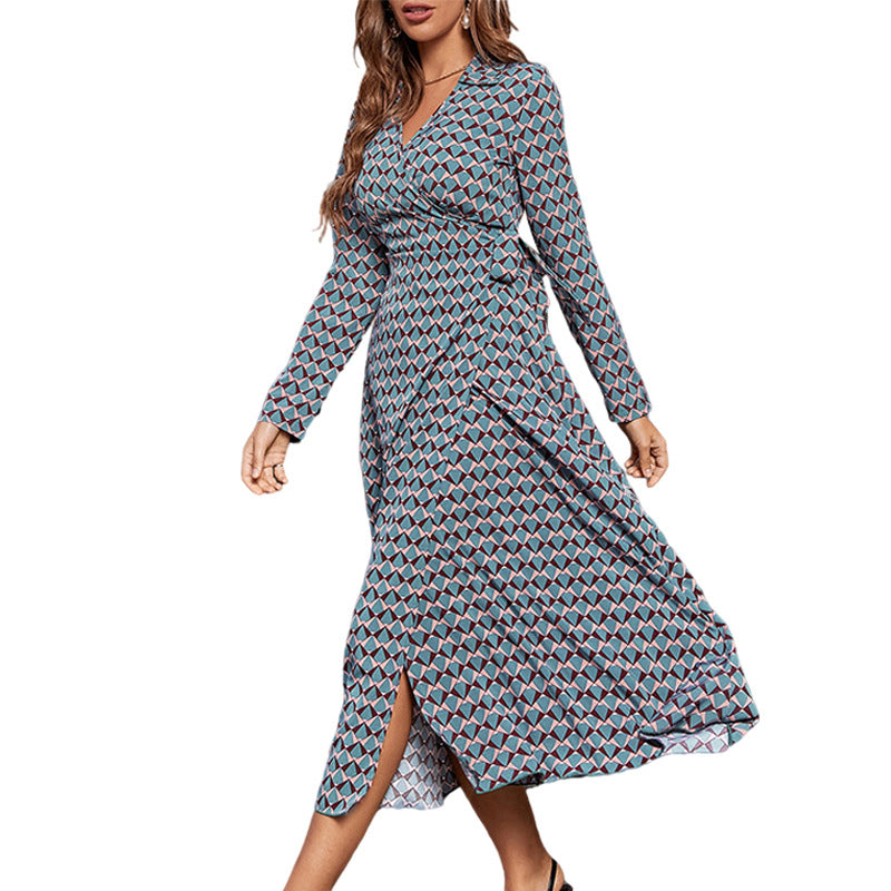 Geometric Printed Wrap Midi Dress