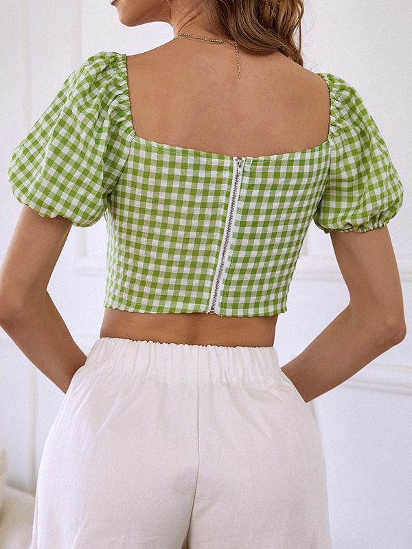 Checked Sweetheart Neck Puff Sleeves Blouson Crop Top