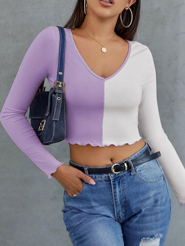 V-Neck Colourblocked Fitted Crop Top
