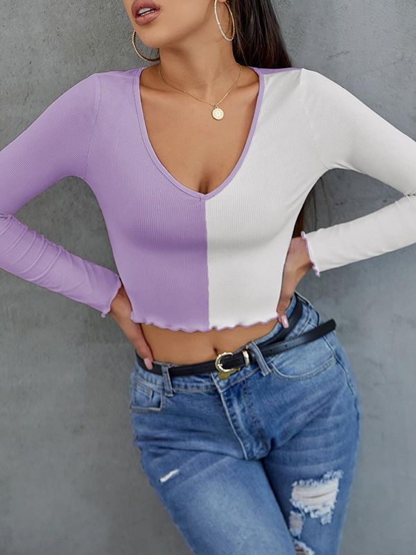 V-Neck Colourblocked Fitted Crop Top