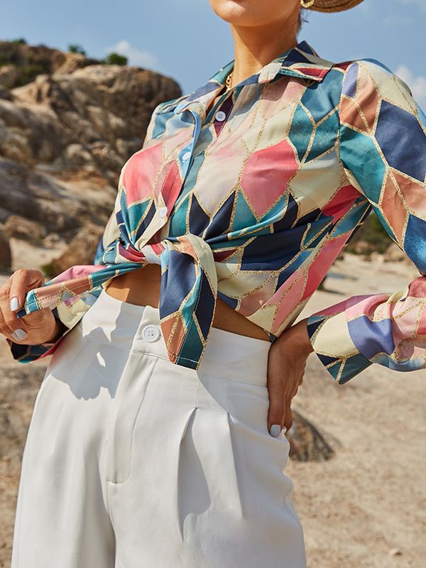 Geometric Printed Shirt Style Top