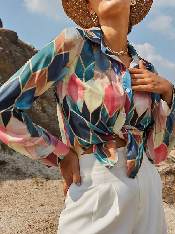 Geometric Printed Shirt Style Top