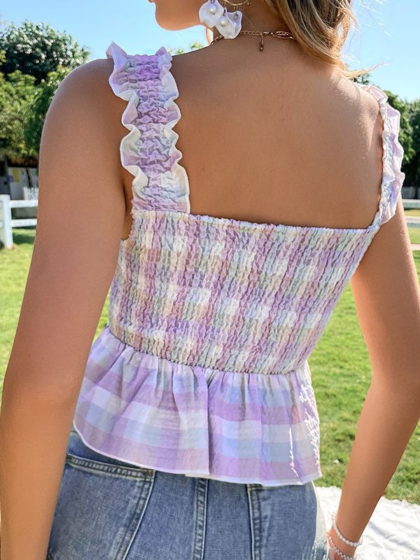Checked Smocked Cinched Waist Top