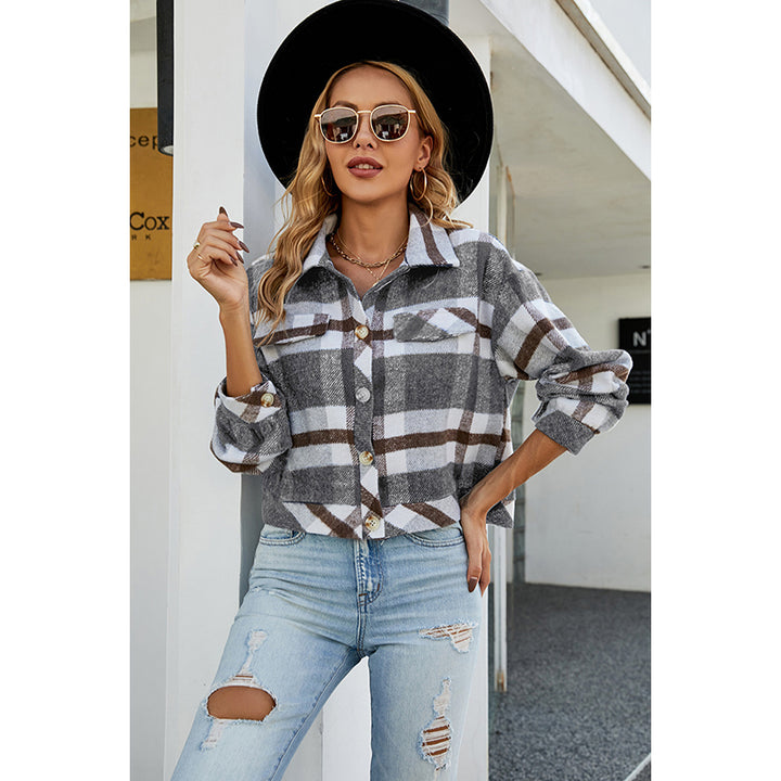 Grey Checked Lapel Collar Crop Tailored Jacket