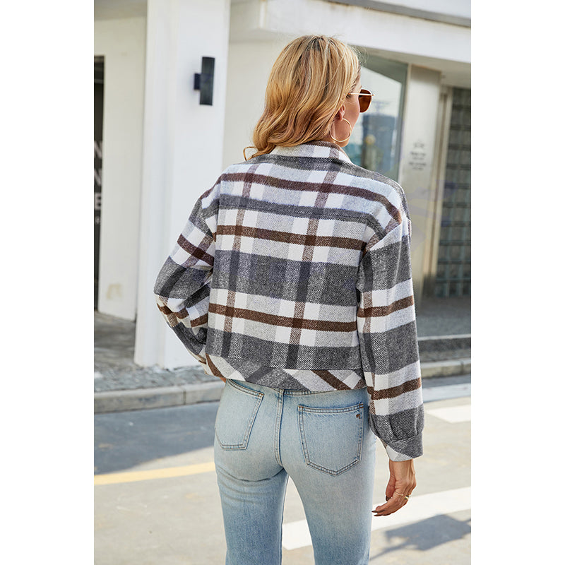Grey Checked Lapel Collar Crop Tailored Jacket