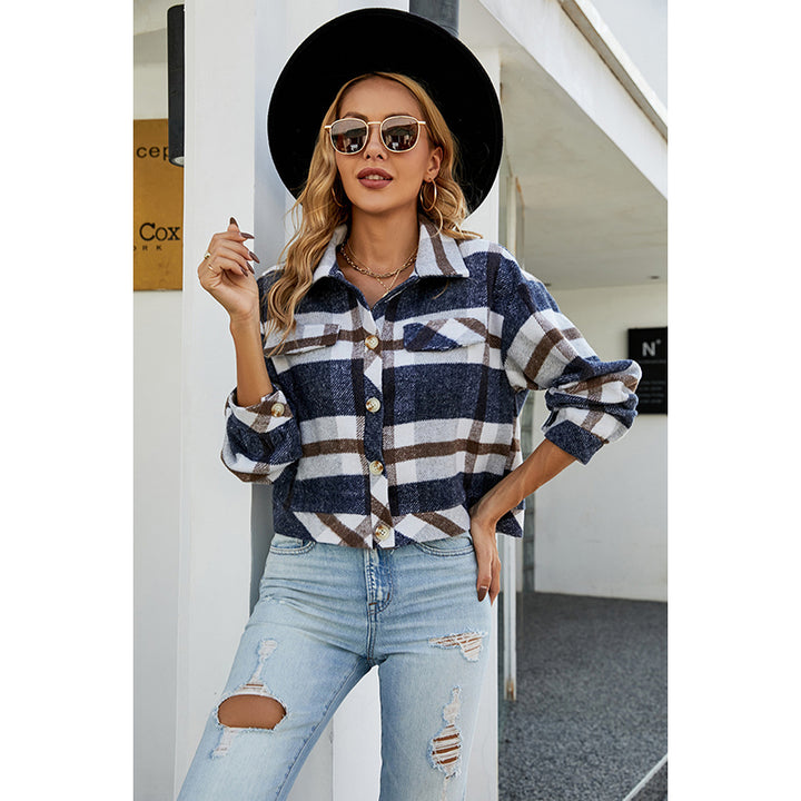 Navy Blue Checked Spread Collar Long Sleeves Tailored Jacket